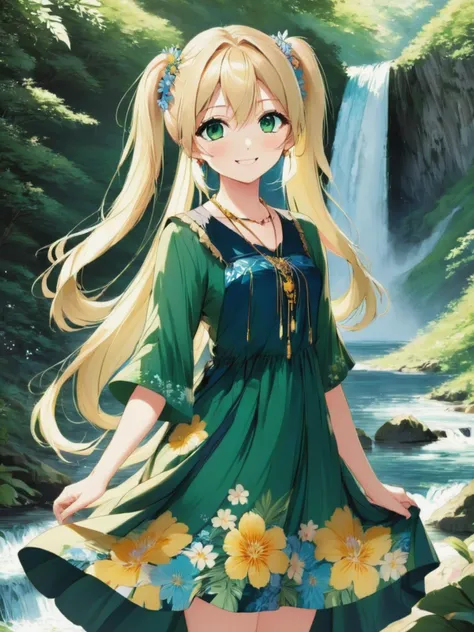 (anime),((background of a waterfall),(1 cute girl),(standing),(medium shot),(focus on face),(standing),(age 25),(smile),(long blonde hair),(ponytail),(necklace),(earrings),(blue eyes),(perfect eyes)(dark green sundress with yellow floral pattern),(perfect hands))