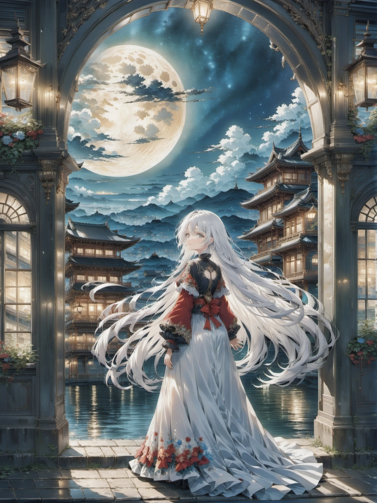 (anime:1.1) girl with long white hair in front of an arch while looking at the moon on her long hair,in the style of anime art,elegant cityscapes,i can't believe how beautiful this is,luminous reflections,dark gray,romanticized nostalgia,high resolution,