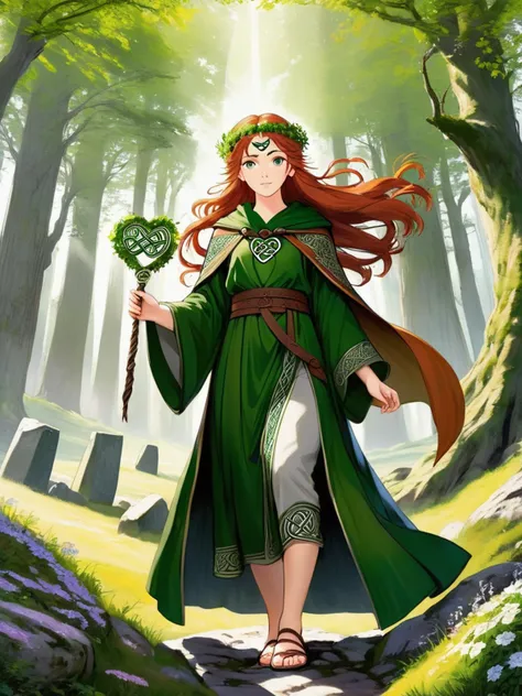 (anime),((background of (Stonehenge like standing stones),(in the heart of an ancient forest), where (sunlight gently filters through the canopy),(Celtic symbols etched on their sufaces)) ,(flowering gorse),(1 girl),(facing viewer),(caucasian),(chubby:1.6),(age 25),(straight body),(small breasts),(wide hips),(thick thighs),(highly detailed long red hair),(Straight and sleek style),(Cheerful Expression),(perfect hands),(Perfect eyes) (wearing (Flowing, earth-toned robes adorned with embroidered with Celtic symbols)),(circlet or headband made of intertwined vines, leaves and floweres),(forest green cloak with Celtic runes),(Celtic inspired leather belt),(Simple leather sandals),(celtic inspired jewelry) (three-quarters shot),(front view),(Eye Level Shot))