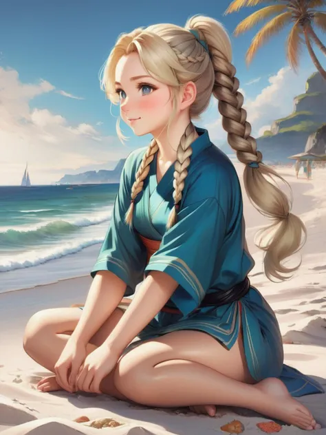 (anime),((Beach for a relaxed and serene atmosphere),(1 cute girl),(caucasian),(Sitting with knees bent, one hand on the floor),(age 25),(Cheerful Expression),(Braided Ponytail),(Beige Blonde Hair),(trending on artstation), extremely detailed, by artgerm and Ilya Repin,(perfect hands))