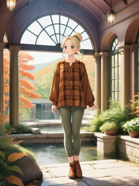 (anime),((full body shot),background of (Berkeley Springs State Park, Photograph the historic Roman Bathhouse and the warm mineral springs in a charming setting with lush greenery),(1 cute girl),(age 25),(thick body),(open-mouth smile),(long blonde hair),(Ballerina bun),(Corduroy pants),(Light Copper plaid shirt),(ankle boots) for a (cozy and autumnal look perfect for capturing the fall colors),(wide hips:.9),(thick thighs:.9),(perfect hands))