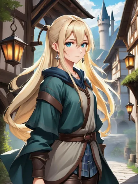 (anime),((fantasy role-playing game),(RPG style),(fantasy),(medieval background),(1 girl),(caucasian),(Standing with one hand on the waist),(age 25),(straight body),(highly detailed long blonde hair),(Ponytail with a twist style),(Speechless Expression),(perfect hands),(Perfect eyes),(medieval style clothing),(comfortable Light Silver leggings),(stylish flannel shirt),(sturdy sneakers),(wide-brimmed hat),(Leather Necklace),(Cluster Earrings),(Zoom Shot),((side view)),(Hip Level Shot),reminiscent of high fantasy RPG games)