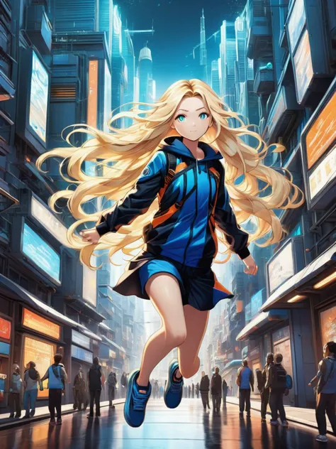 (anime),((futuristic style),futuristic-biomechanical,biomechanical style,blend of organic and mechanical elements, futuristic, cybernetic, detailed, intricate,(background of Morgantown: Cityscape and vibrant college town atmosphere),(street level view),(1 girl),(caucasian),(pretty),(Leaping with arms extended to the sides),(age 25),(long blonde hair),(Beachy waves style),(Rapturous Expression),(perfect hands),(futuristic style clothing))