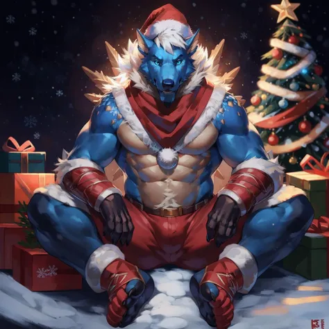 fantasy art, by_mystikfox61, anthro rwhite zinogre sit near christmas tree, (detailed eye), footgear, blue eyes, (red scarf, red shorts, red christmas hat), epic, majestic, magical <lora:ZinogreFRL22nO2:0.7>