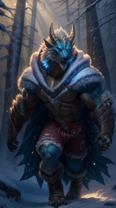 by_taran_fiddler, anthro zinogre walking in snow, fanged wyvern, magic sparks, red shorts, white fluffy cloak, blue body, horn, blue eyes, HDR, (dynamic pose), (dark winter forest:1.3) with rays of light, fog, forest in the background, portrait <lora:ZinogreFRL22nO2:0.6>