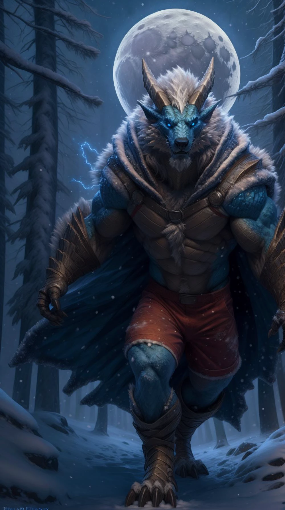 by_taran_fiddler, anthro zinogre walking in snow, fanged wyvern, magic sparks, red shorts, white fluffy cloak, blue body, horn, blue eyes, HDR, (dynamic pose), (dark winter forest:1.3) with moon light, fog, forest in the background, portrait <lora:ZinogreFRL22nO2:0.6>