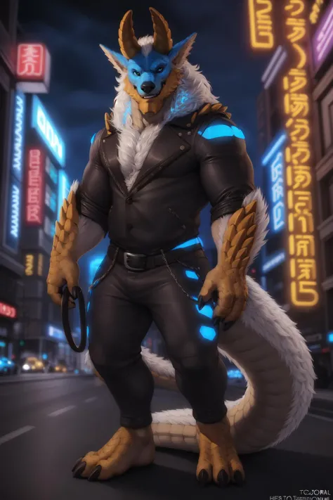 (by personalami, by narse, by honovy, by tojo the thief), male, solo, zinogre, fanged wyvern, fur, muscular, horn, scales, (tail, big tail), smile, spikes, forward horn, blue glow, electricity, tokyo, street, akihabara, neon lights, clothed, wearing leather jacket, bottomwear, blue body