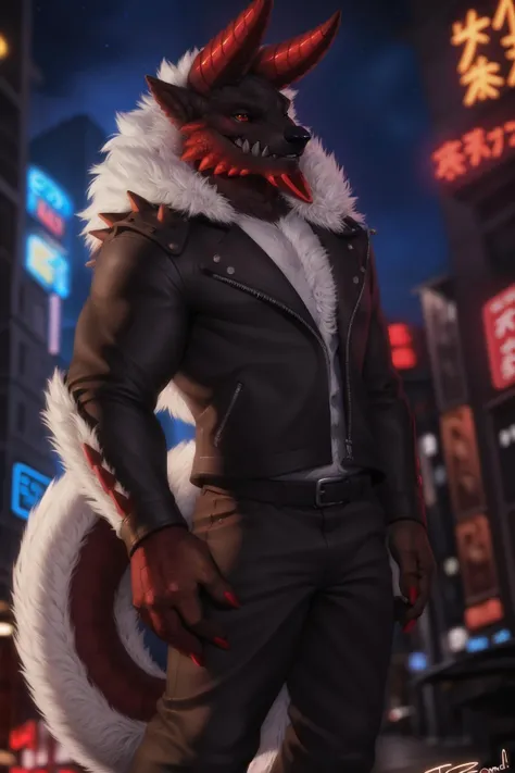 (by personalami, by narse, by honovy, by tojo the thief), male, solo, stygian zinogre, zinogre, fanged wyvern, fur, muscular, horn, scales, (tail, big tail), smile, spikes, forward horn, red glow, tokyo, street, akihabara, neon lights, clothed, wearing leather jacket, bottomwear