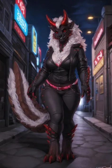 (by personalami, by narse, by honovy, by tojo the thief), female, solo, stygian zinogre, zinogre, fanged wyvern, fur, muscular, breasts, horn, scales, (tail, big tail), smile, spikes, forward horn, red glow, tokyo, street, akihabara, neon lights, clothed, wearing leather jacket, bottomwear