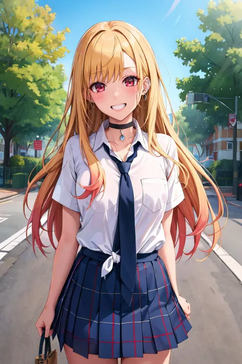 masterpiece, best quality, highres, kitagawa marin, 1girl, blonde hair, long hair, multicolored hair, red eyes, jewelry, earrings, piercing, school uniform, white shirt, tied shirt, black choker, blue necktie, plaid skirt, <lora:kitagawa_marin_v1-1:0.7>, grin, smile, standing, cowboy shot, outdoors, <lora:Blue gk-Style-v1-000010:1>