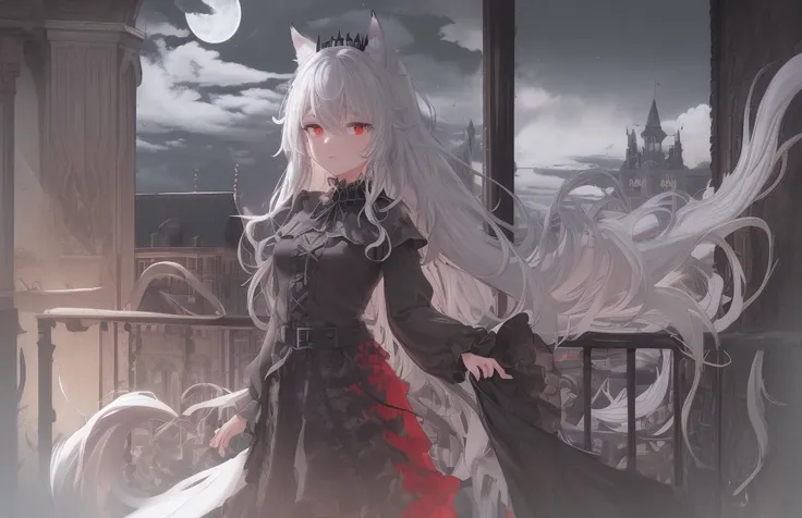 best quality, extremely detailed CG unity 8k,close up, illustration, depth of field,cowboy shot,the character is centered,symmetrical composition,
(1 girl),red eyes,Wolf tail,Wolf ears,Very long hair ,Messy hair,disheveled hair,
,(beautiful detailed eyes),(Crown:1.1),pleated dress,puffy long sleeves,
(moon:1.2), ((The black clouds)),(((flowing transparent black))),(floating black cloud:1.2),building architecture,,,,,
depth of field,castle,black and white melt