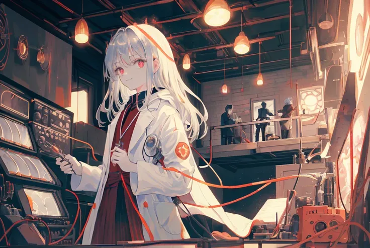 flat color, (masterpiece:1.5), (best quality:1.5), amazing, beautiful detailed, extremely detailed wallpaper, extremely detailed CG unity 8k wallpaper, extremely delicate and beautiful, finely detailed, extremely detailed wallpaper, fantasy, official art, detailed background, (beautiful detailed shadow: 1.5, cinematic lighting, backlight), [((symmetrical geometry, science fiction: 1.5, vacuumpunk: 1.5, 1960s (style): 1.5, ArtDeco), (control room, nixie tubes: 1.8, machines, silver, metallochrome, wires, vacuum tubes, old computers, simple screens))::0.75], [((solo: 1.5), (1 girl), (teenage girl, cute, extremely detailed eyes and face, clear eyes, clear face, white medium hair, red eyes, white lab coat: 1.5, hands in pocket: 1.5, black shirt: 1.5, black trousers, looking at viewer, light smile: 1.3, cropped torso: 1.8, medium close up: 1.5, waist shot: 1.5), depth of field): 0.25]