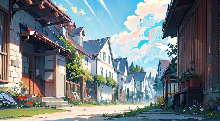 masterpiece,best quality,official art,extremely detailed CG unity 8k wallpaper,outdoors, animal, spring \(season\), cloudy sky,studio ghibli, garden,village,