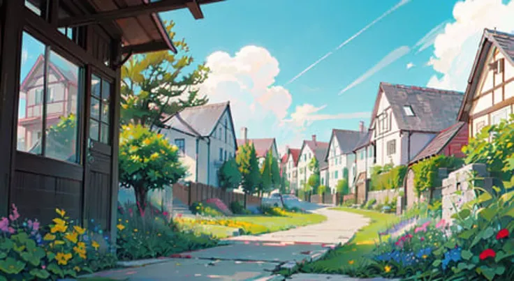 masterpiece,best quality,official art,extremely detailed CG unity 8k wallpaper,outdoors, animal, spring \(season\), cloudy sky,studio ghibli, garden,village,