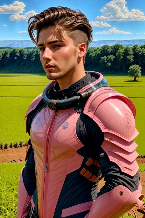 <lora:NeWHaDeSaRMoR_v2-000003:1> beautiful boy in Sweet Pink chndsrmr, wet-look hairstyle light brown hair, thoughtful pose, Agricultural Fields with Crop Circles background