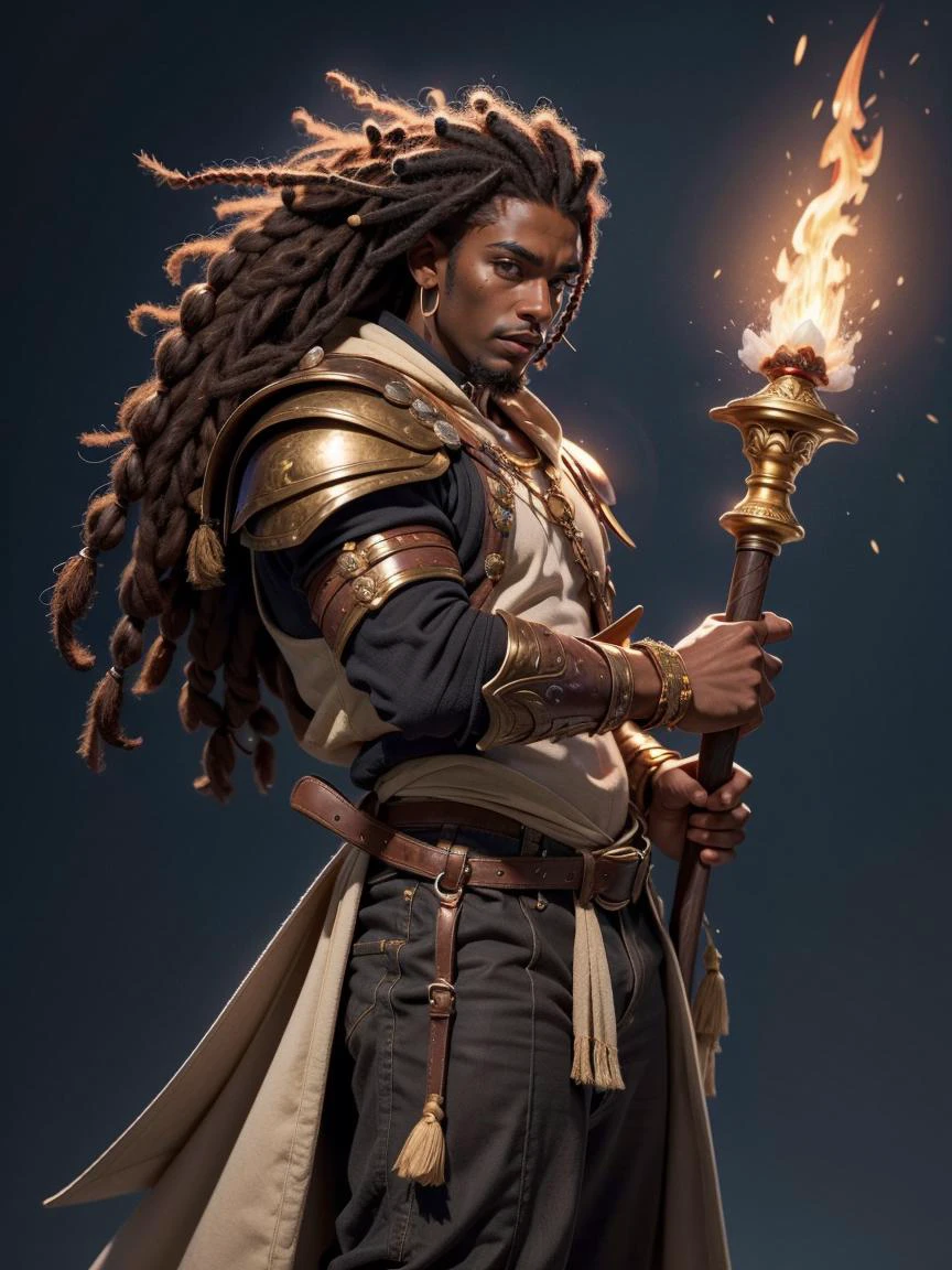 masterpiece, best quality, realistic, 1boy, male, muscular (dark skin:1.4) man, (dreadlocks:1.3), frost armor, fire sword, elemental warrior, mage slayer, dynasty <lora:EnvyBeautyMix23:0.6>
