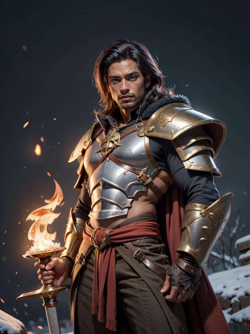 masterpiece, best quality, realistic, 1boy, male, muscular dark skin man, frost armor, fire sword, elemental warrior, mage slayer, dynasty <lora:EnvyBeautyMix23:0.6>