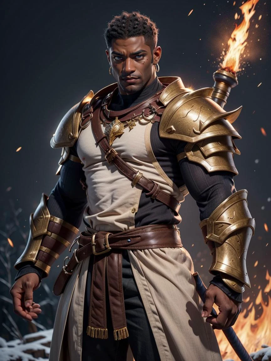 masterpiece, best quality, realistic, 1boy, male, muscular (dark skin:1.4) man, frost armor, fire sword, elemental warrior, mage slayer, dynasty <lora:EnvyBeautyMix23:0.6>