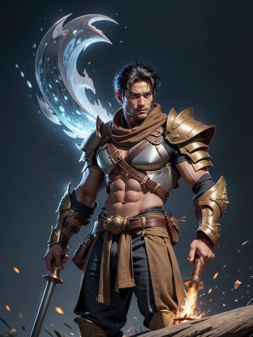 masterpiece, best quality, realistic, 1boy, male, muscular dark skin man, frost armor, fire sword, elemental warrior, mage slayer, dynasty <lora:EnvyBeautyMix23:0.6>