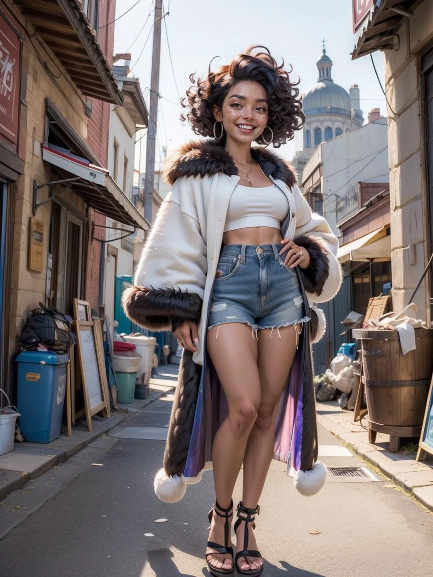 (masterpiece, best_quality, ultra-detailed, immaculate:1.3), epic, illustration, 1girl, feet out of frame, laughing barbarian witch, (muscular:1.1), sexy armor, fur pauldrons, , (warpaint:1), white hair, very long hair, Curls, fur cloak, praise the sun, (african, dark skin:0.6), in a bustling dimension, on Coruscant, bombshell hair, iridescent ultraviolet hair, pixie cut, Scalp Braids, standing on shoulder <lora:EnvyBeautyMix23:0.8>