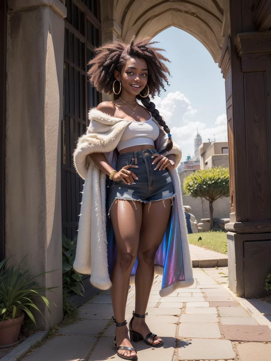 (masterpiece, best_quality, ultra-detailed, immaculate:1.3), epic, illustration, 1girl, feet out of frame, laughing barbarian witch, (muscular:1.1), sexy armor, fur pauldrons, , (warpaint:1), white hair, very long hair, Curls, fur cloak, praise the sun, (african, dark skin:1.6), in a bustling dimension, on Coruscant, bombshell hair, iridescent ultraviolet hair, pixie cut, Scalp Braids, standing on shoulder <lora:EnvyBeautyMix23:0.7>