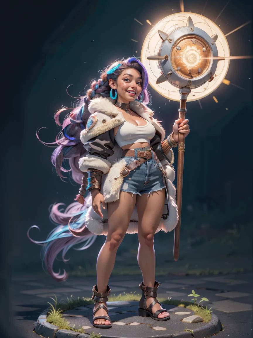 (masterpiece, best_quality, ultra-detailed, immaculate:1.3), epic, illustration, 1girl, feet out of frame, laughing barbarian witch, (muscular:1.1), sexy armor, fur pauldrons, , (warpaint:1), white hair, very long hair, Curls, fur cloak, praise the sun, (african, dark skin:0.6), in a bustling dimension, on Coruscant, bombshell hair, iridescent ultraviolet hair, pixie cut, Scalp Braids, standing on shoulder <lora:EnvyBeautyMix23:1>