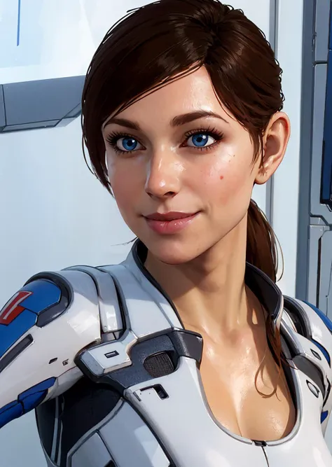 1girl, Sara ryder, smile, cleavage, ponytail <lora:SaraRyder:0.7>