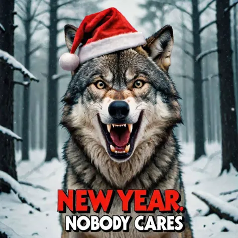 angry wolf screaming at viewer, wearing a santa hat, in a snowy forest, by night, with text that reads "new year? nobody cares"