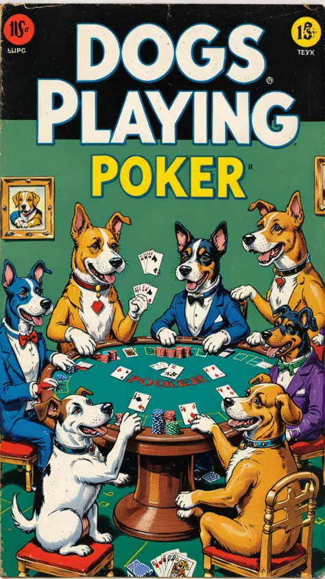 a vintage comic book with the title text: "dogs playing poker" featuring dogs playing poker in casino, <lora:wizards_vintage_comics-Undergroundf16:0.6>