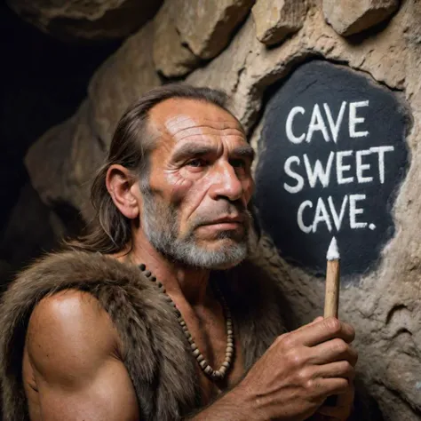 close up portrait photograph of a (prehistoric cro magnon shaman wearing animal fur) using a piece of chalk to writing "cave sweet cave" on cave walls, deep inside a deep cave, lit by fire