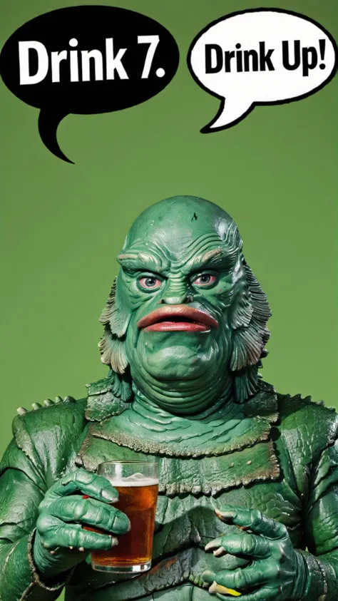 Photo of GRUMPY OLD MAN with TEXT BUBBLE that says "drink 7up" <lora:Gill-man_Retro_Swamp_Monster_SDXL:0.8> Gill_man