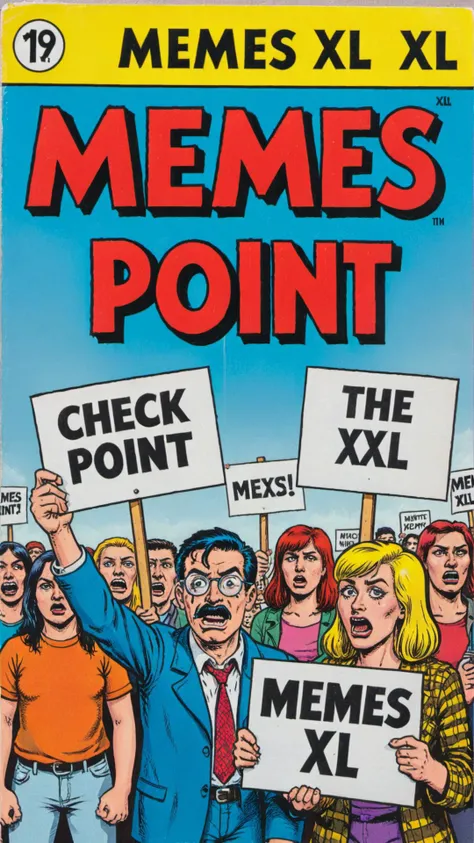 a vintage comic book with the title text "memes xl check point" , with protesters holding signs that say "memes xl", <lora:wizards_vintage_comics-Undergroundf16:0.6>