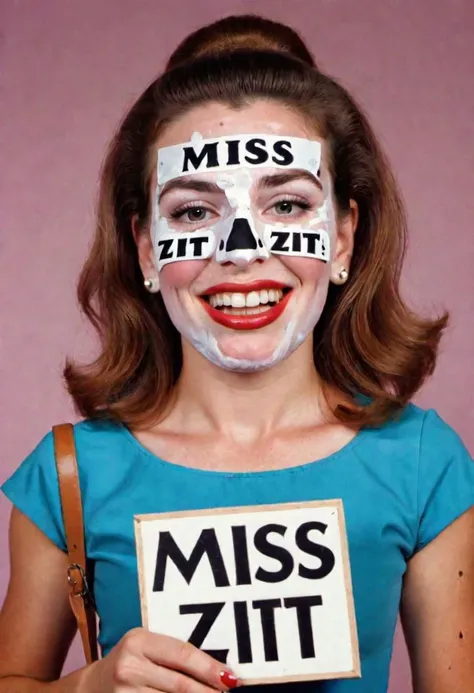 ugly woman with face covered in zits winning a beauty pageant with satchel that reads "miss zit"