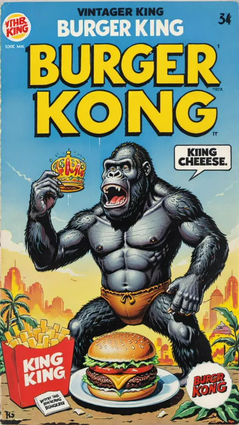 a vintage comic book with the title text "burger king kong" , with king kong eating cheese burgers, <lora:wizards_vintage_comics-Undergroundf16:0.6>