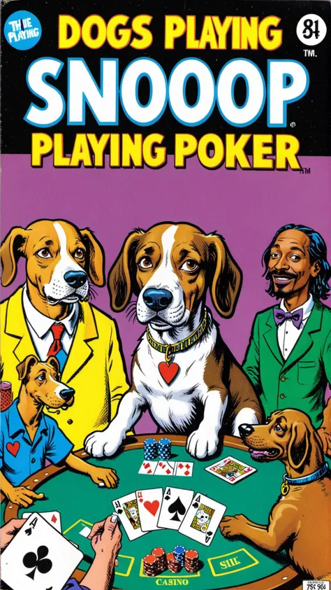a vintage comic book with the title text: "dogs playing snoop poker" featuring snoop playing poker in casino, <lora:wizards_vintage_comics-Undergroundf16:0.6>