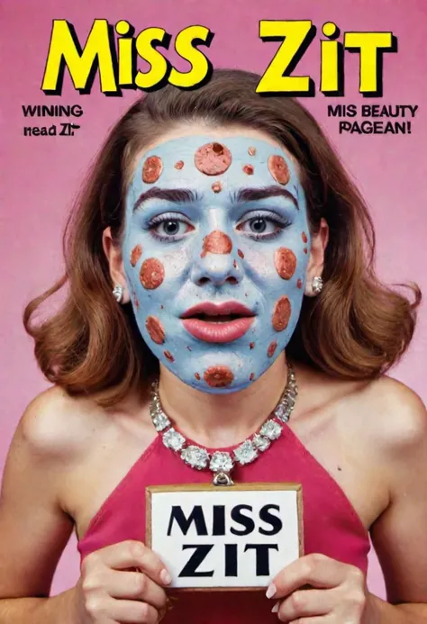 ugly woman with face covered in zits winning a beauty pageant with satchel that reads "miss zit"