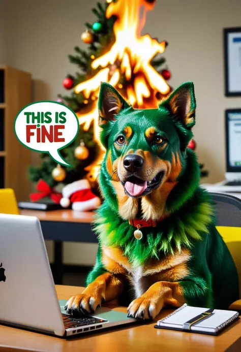 Photo of green dog sitting at table in office on chair, flame, laptop, (a lot of fire) everywhere, thick green fur, burning christmas tree,
BREAK
with text bubble that says "this is fine"