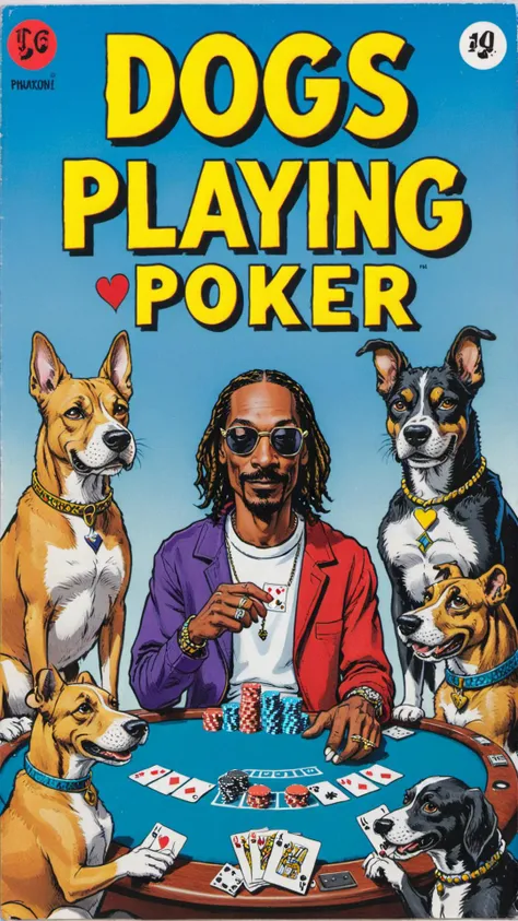 a vintage comic book with the title text: "dogs playing poker with snoop" featuring snoop playing poker in casino, <lora:wizards_vintage_comics-Undergroundf16:0.6>