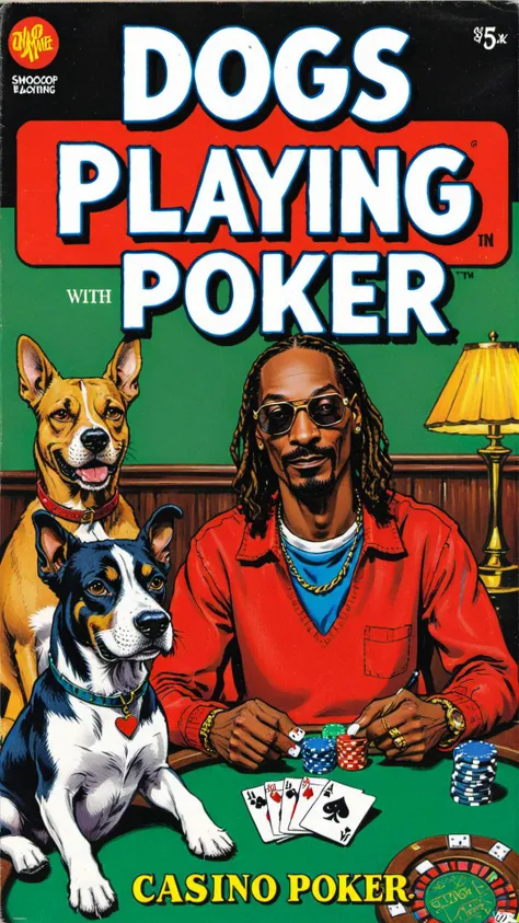 a vintage comic book with the title text: "dogs playing poker with snoop" featuring snoop playing poker in casino, <lora:wizards_vintage_comics-Undergroundf16:0.6>