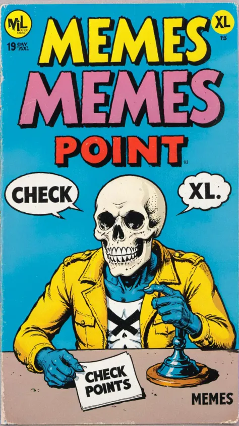 a vintage comic book with the title text "memes xl" "check point" , with skull signs that say "memes xl", <lora:wizards_vintage_comics-Undergroundf16:0.6>