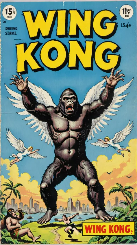 a vintage comic book with the title text "wing king kong" , with angel wings on king kong, <lora:wizards_vintage_comics-Undergroundf16:0.6>