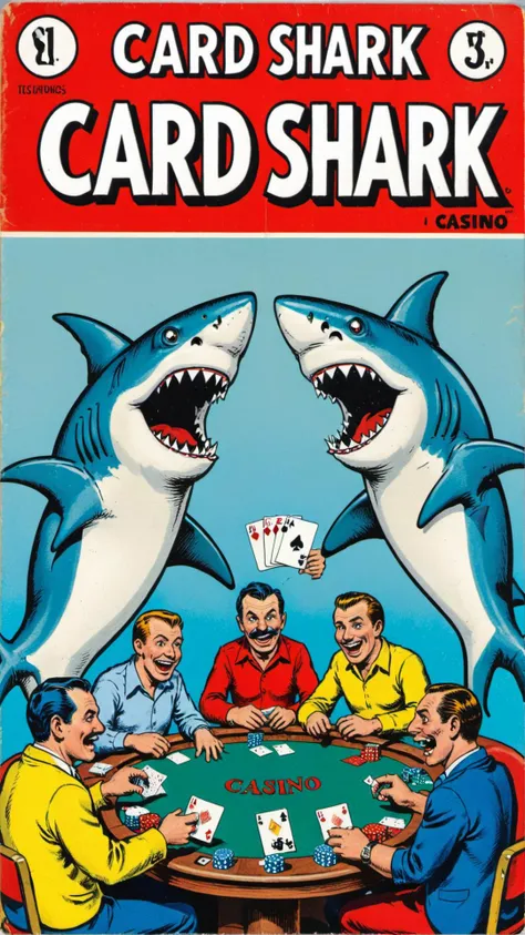 a vintage comic book with the title text: "card shark" featuring sharks playing poker in casino, <lora:wizards_vintage_comics-Undergroundf16:0.6>