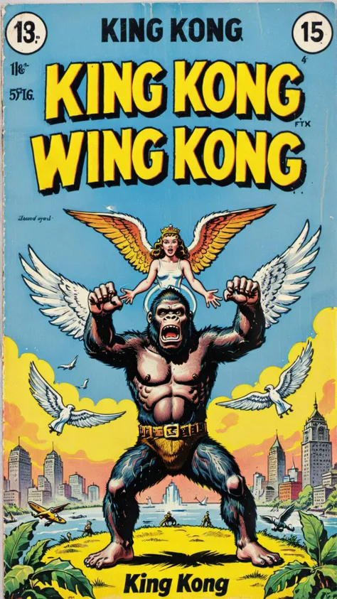 a vintage comic book with the title text "king kong wing kong" , with angel wings on king kong, <lora:wizards_vintage_comics-Undergroundf16:0.6>