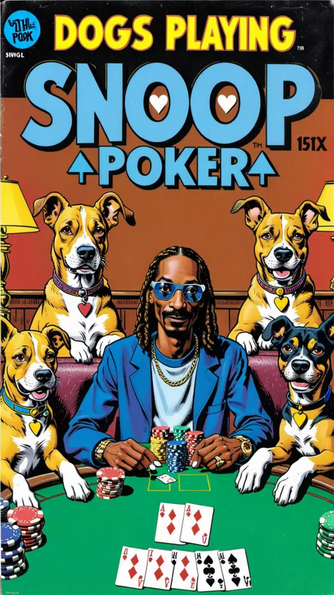 a vintage comic book with the title text: "dogs playing poker snoop" featuring snoop wearing blue playing poker in casino, <lora:wizards_vintage_comics-Undergroundf16:0.6>