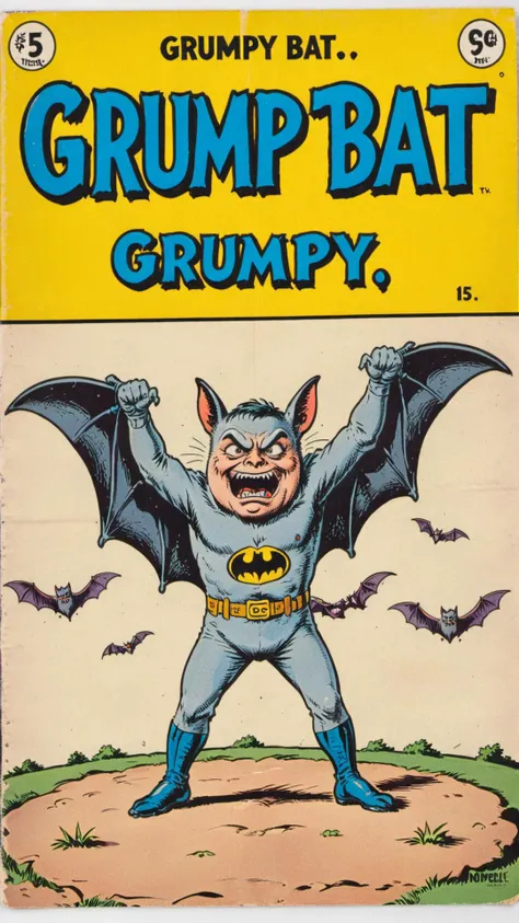 Vintage comic book with title text: "grumpy bat" <lora:wizards_vintage_comics-Undergroundf16:0.6>