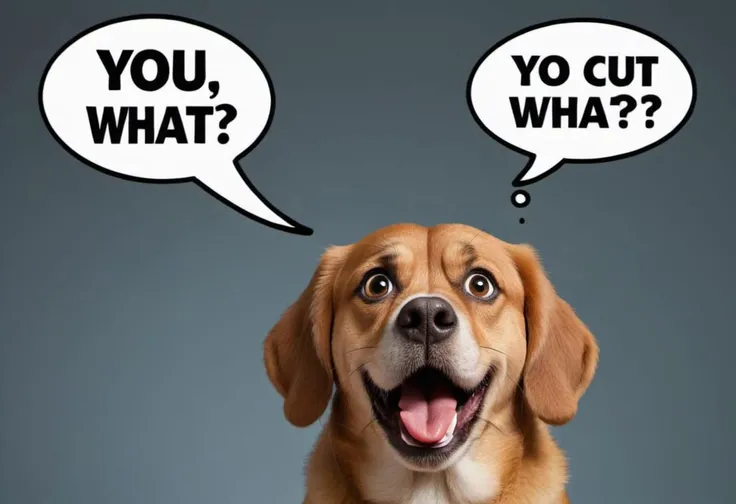 dog with shocked expression, hanging tongue, gasp, unhappy, unsettled, text bubble that says "you cut what?"