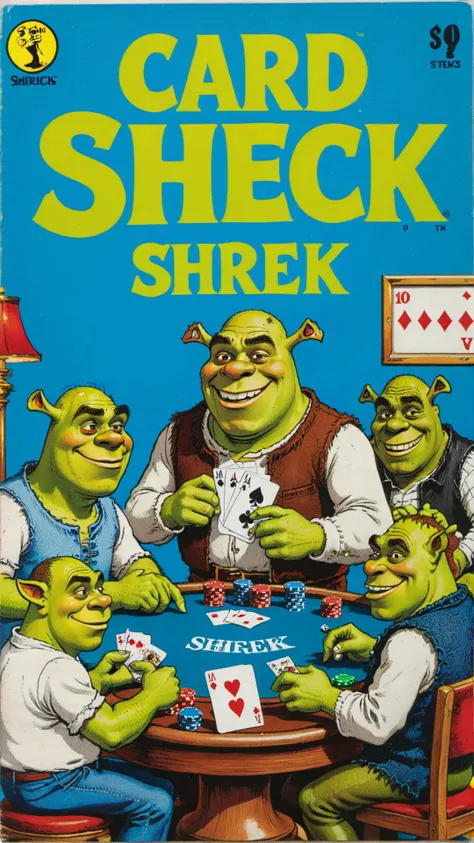 a vintage comic book with the title text: "card shrek" featuring shreks playing poker in casino, <lora:wizards_vintage_comics-Undergroundf16:0.6>