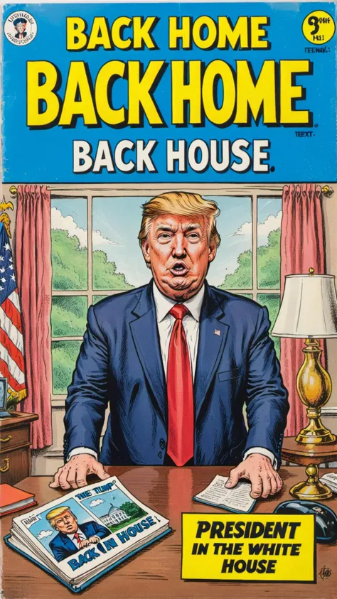 a vintage comic book with the title text: "Back Home!" featuring president Donald Trump back in the white house, <lora:wizards_vintage_comics-Undergroundf16:0.6>