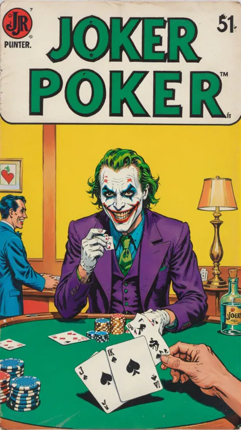 a vintage comic book with the title text: "joker poker" featuring joker playing poker in casino, <lora:wizards_vintage_comics-Undergroundf16:0.6>