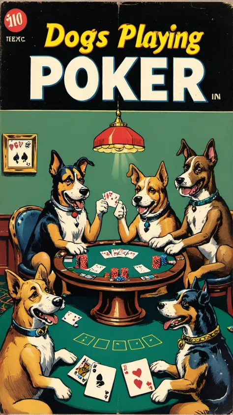a vintage comic book with the title text: "dogs playing poker" featuring dogs playing poker in casino, <lora:wizards_vintage_comics-Undergroundf16:0.6>